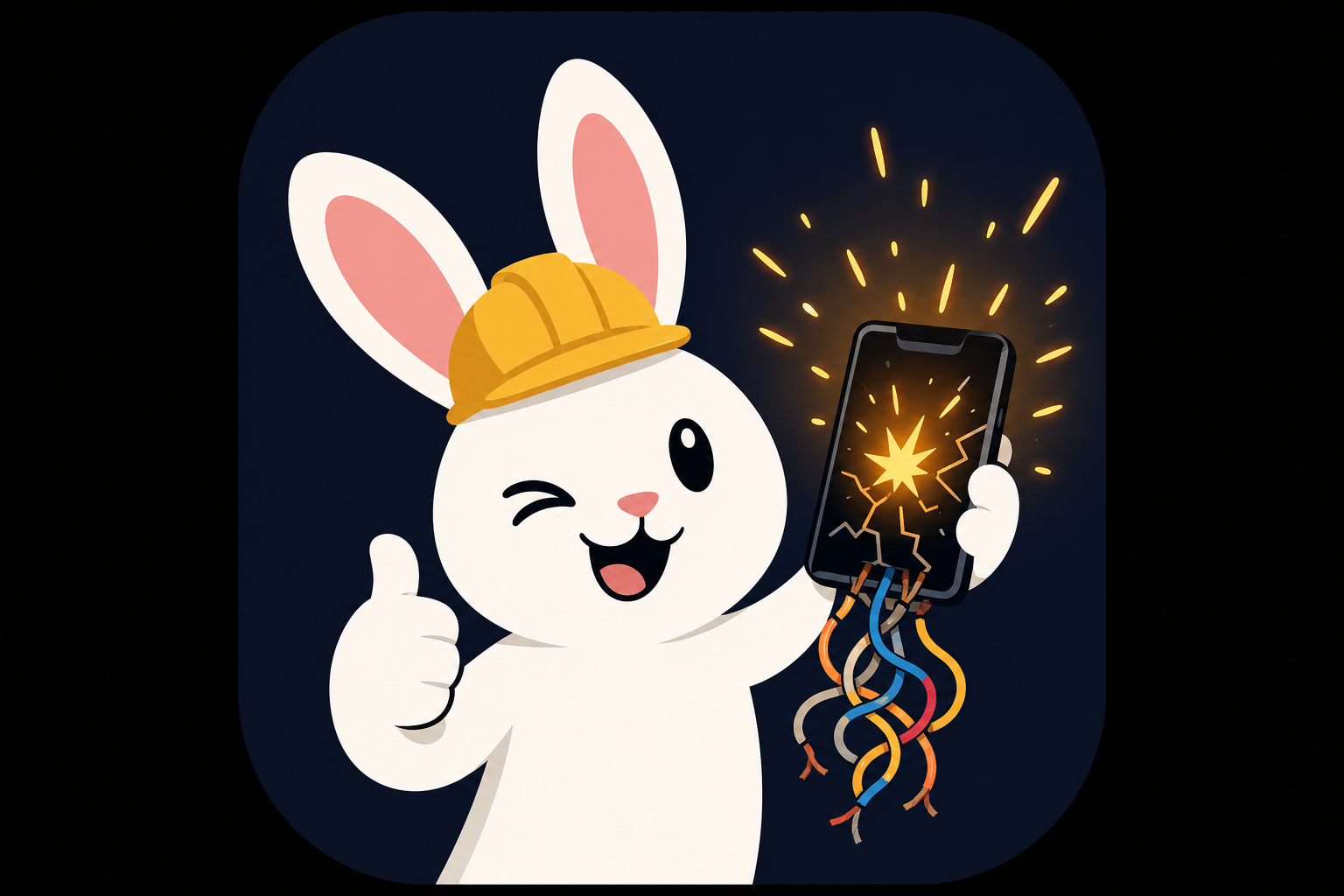 White bunny in a hard hat giving thumbs-up while holding a sparking phone