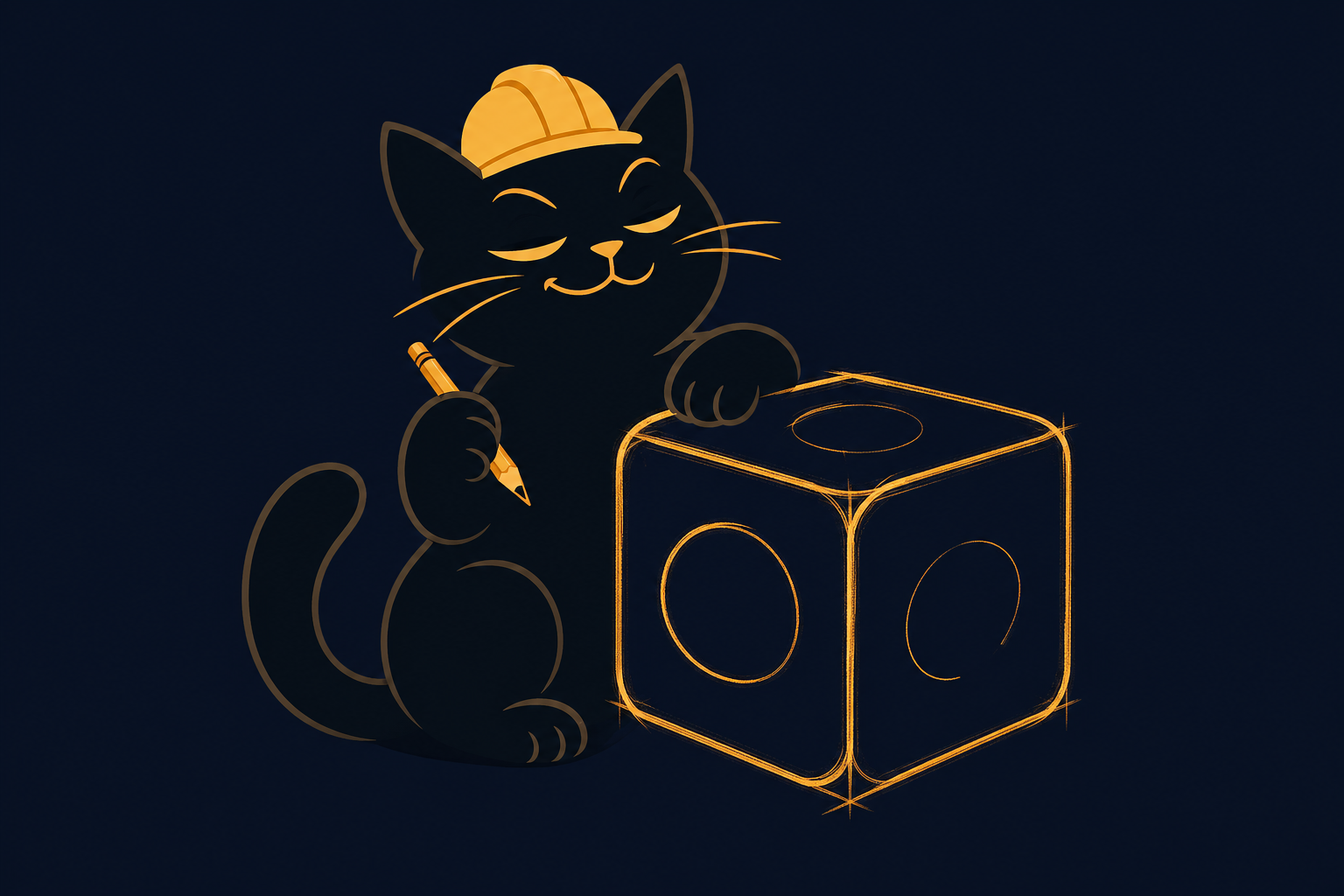 Smug black cat in a hard hat sketching dots onto an unfinished die