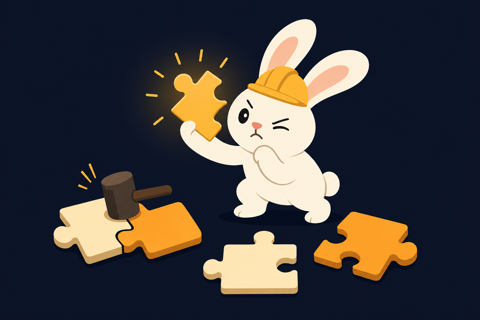 Frustrated white bunny in a hard hat scrutinising a puzzle piece while another piece is being hammered into the wrong spot