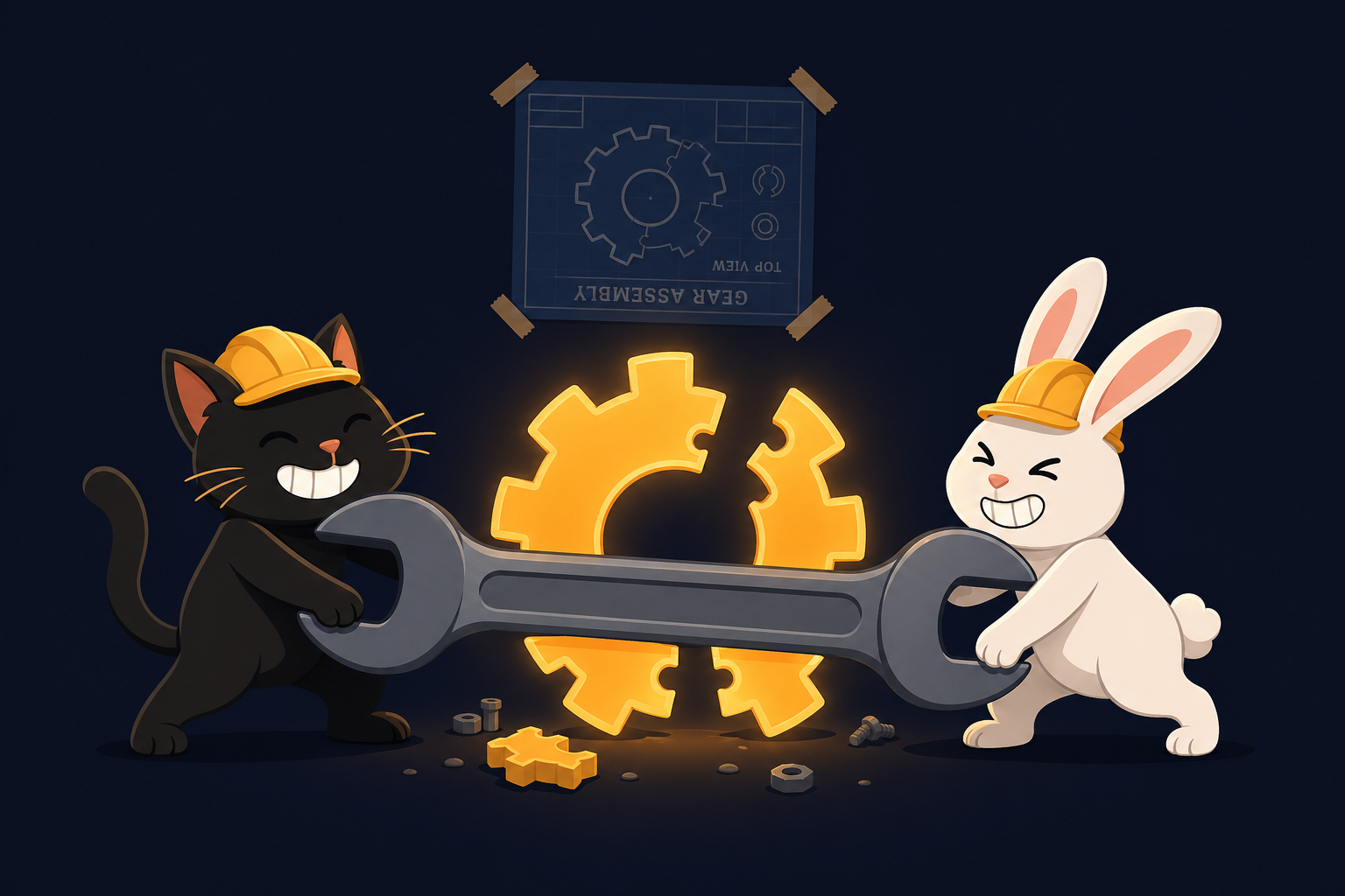 Black cat and white bunny in hard hats heaving a giant wrench, upside-down blueprint taped to the wall behind them