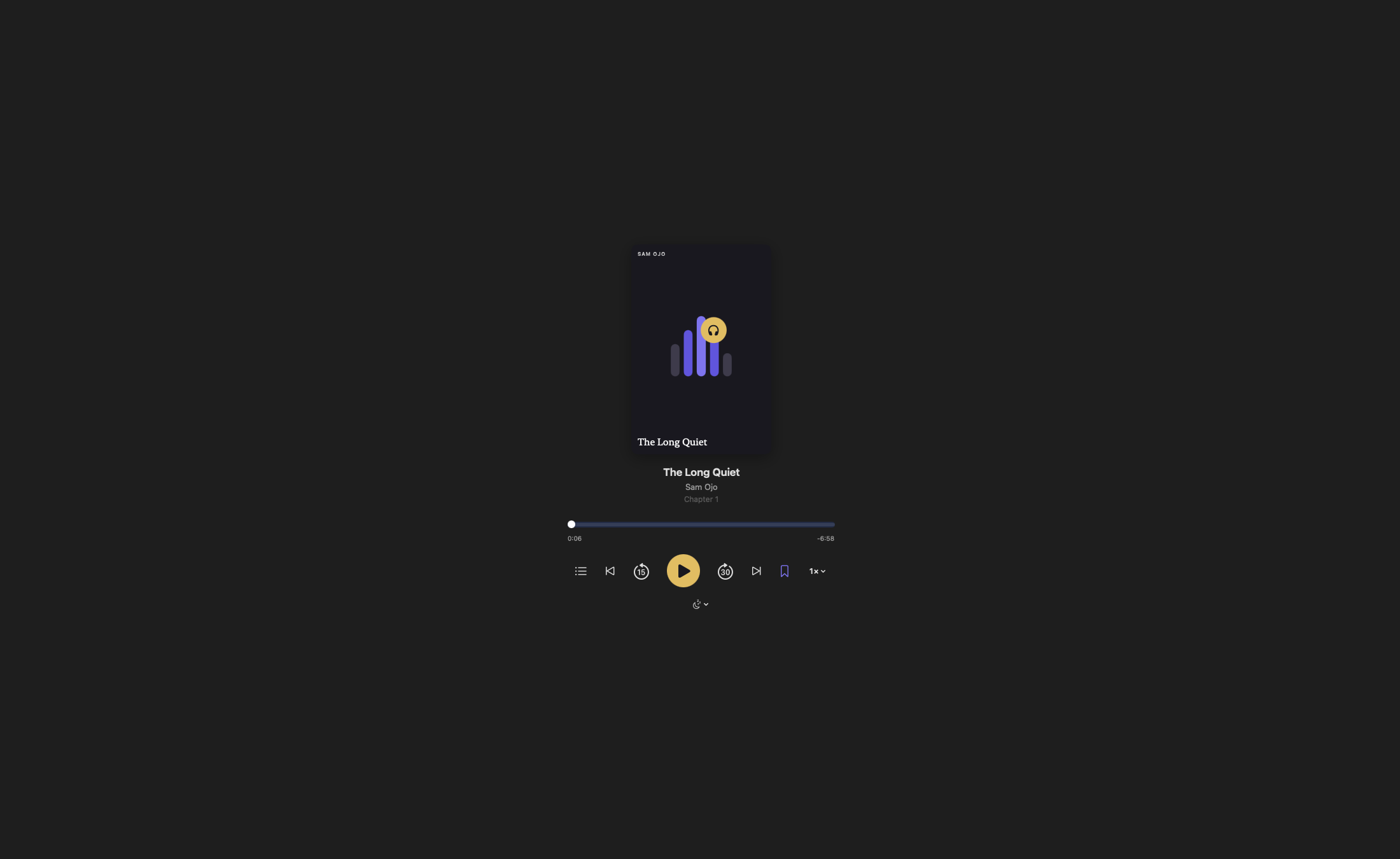 Bookplate audiobook player with cover art, chapter title, scrubber, and gold play button with bookmark and speed controls