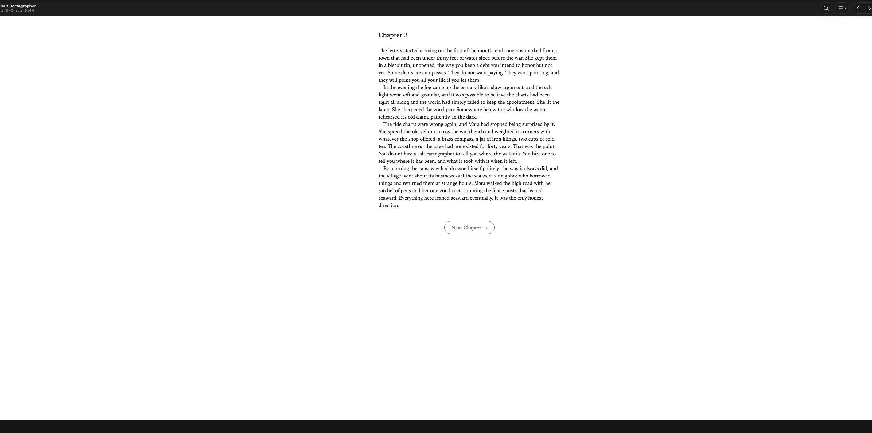 Bookplate reader showing a serif book page in the light theme with chapter navigation and the audiobook mini bar at the bottom