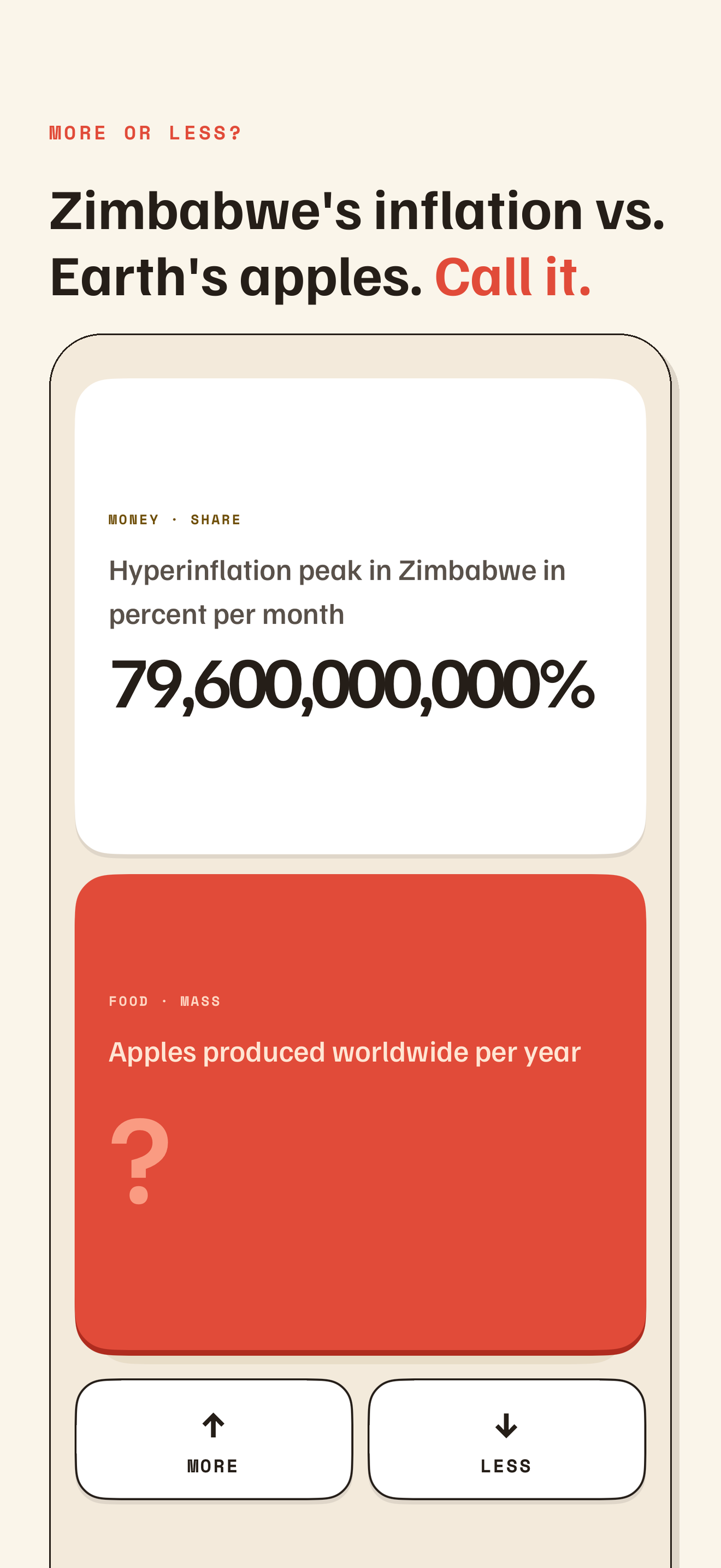 A question screen pairing Zimbabwe's hyperinflation peak of 79,600,000,000 percent against a hidden card for apples produced worldwide per year