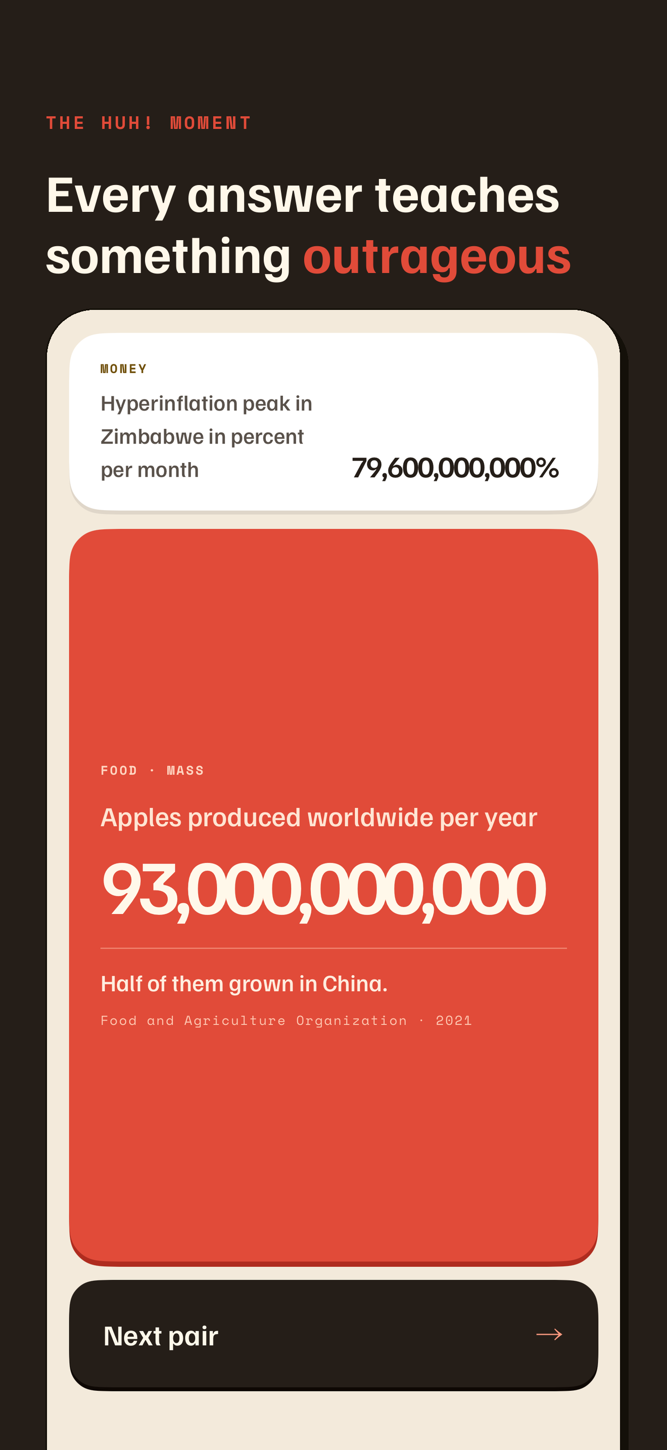 The reveal screen showing 93,000,000,000 apples produced worldwide per year, with the note that half are grown in China and a source line crediting the Food and Agriculture Organization