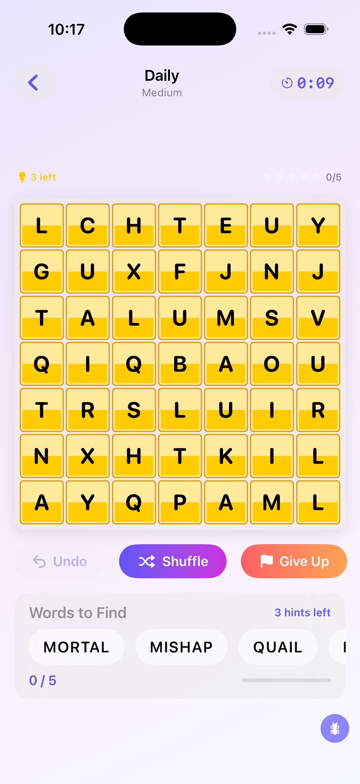 Daily mode gameplay on a 7x7 letter grid with word list and hint counter