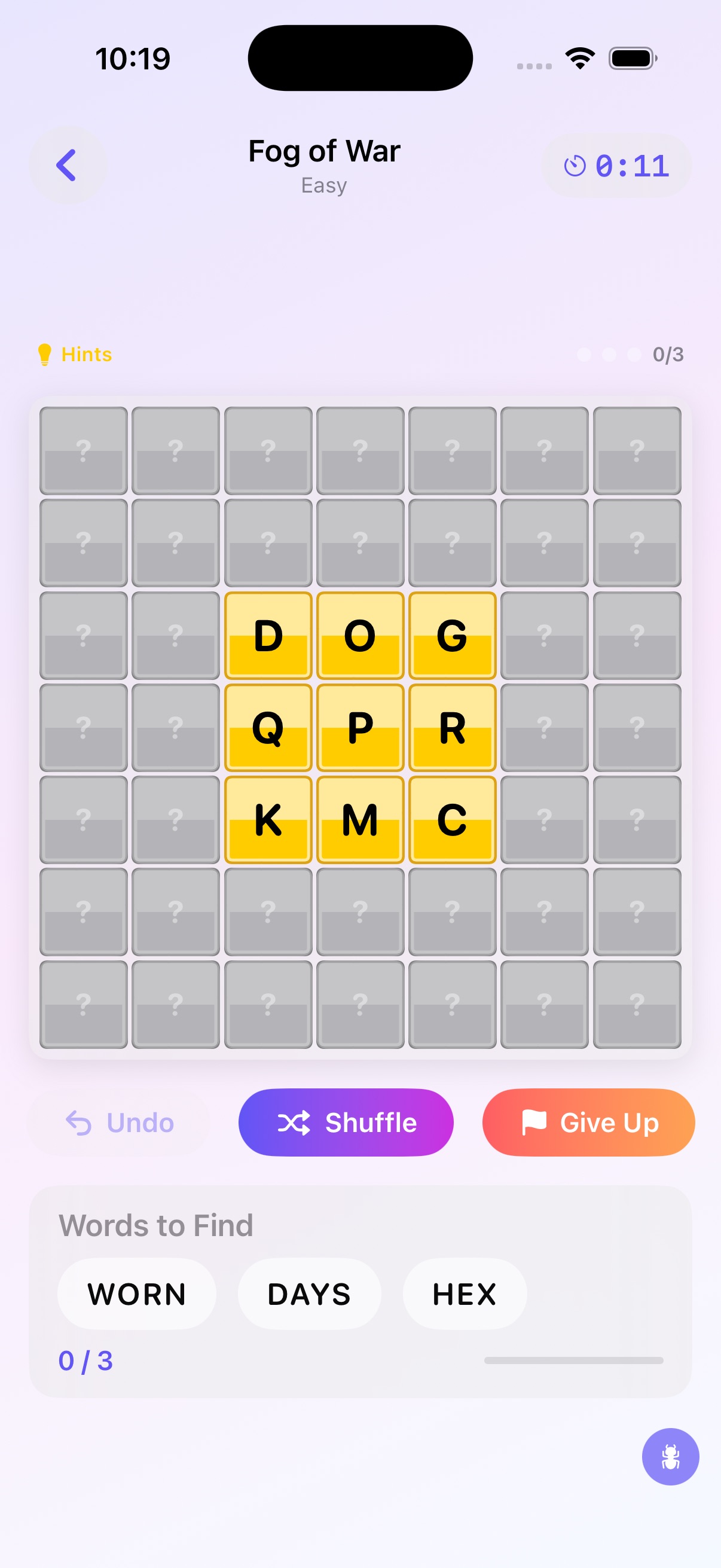 Fog of War mode with most of the grid hidden and a small cluster of visible letters